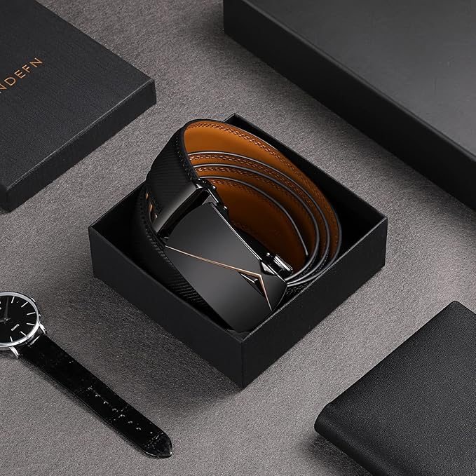 SENDEFN Leather Belt for Men Automatic Ratchet Buckle Slide Dress Casual Belts 1 3/8'' Wide Adjustable Trim to Fit(Black-20)