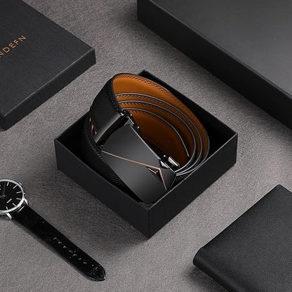 SENDEFN Leather Belt for Men Automatic Ratchet Buckle Slide Dress Casual Belts 1 3/8'' Wide Adjustable Trim to Fit(Black-20)