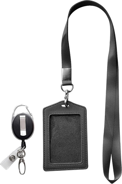 ID Card Case + Heavy Duty Lanyard (Black) + Badge Holder Retractable Reel Carabiner and Plastic Clip (Genuine Leather)