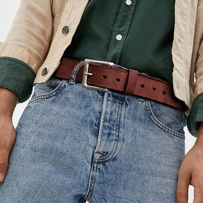 NPET Mens Leather Belt Full Grain Vintage Distressed Style Snap on Strap 1 1/2" Wide with Buckle