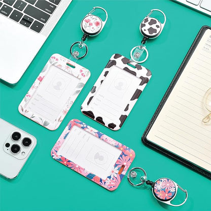 Will Well ID Badge Holder with Retractable Lanyard, Retractable Badge Reel Nylon Lanyard & Vertical ID Card Holder with 1 Card Slot Key Chain for Men & Women - Floral Print
