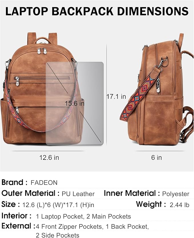 FADEON 15.6 inch Laptop Backpack Purse for Women Designer PU Leather Computer Backpacks Fashion for Work Travel Brown