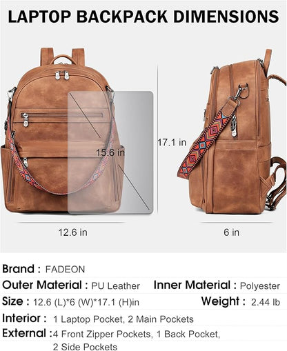 FADEON 15.6 inch Laptop Backpack Purse for Women Designer PU Leather Computer Backpacks Fashion for Work Travel Brown