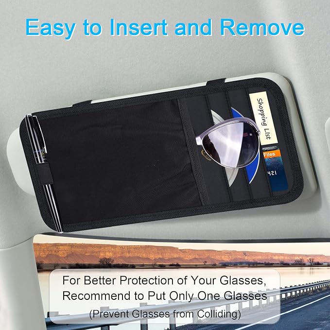 Wisdompro Car Sun Visor Organizer, Auto Storage Pouch with 3 CD Sleeves, Pen Holder, Strap & Pocket for Sunglass, Document, Card -Black