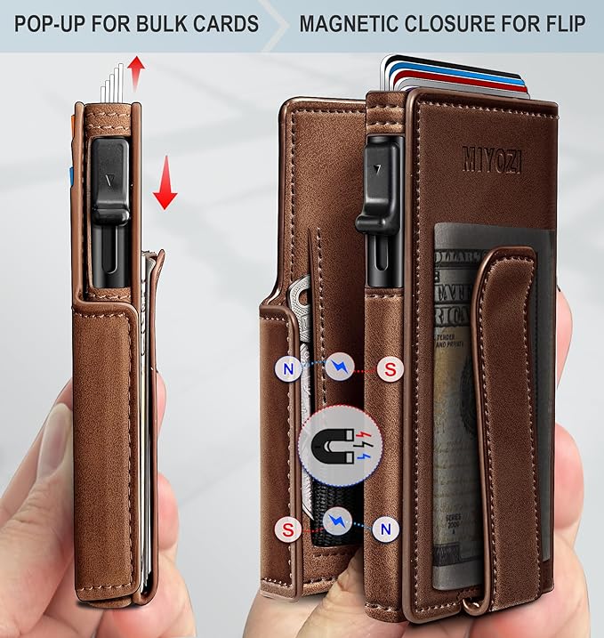 miyozi Wallet for Men, Magnetic Minimalist Slim Wallet with Pop Up Card Holder, 9 Cards RFID Blocking Metal Credit Card Case, Leather Wrapped Money Clip, ID Window & Small Item Slot, Gift Boxed
