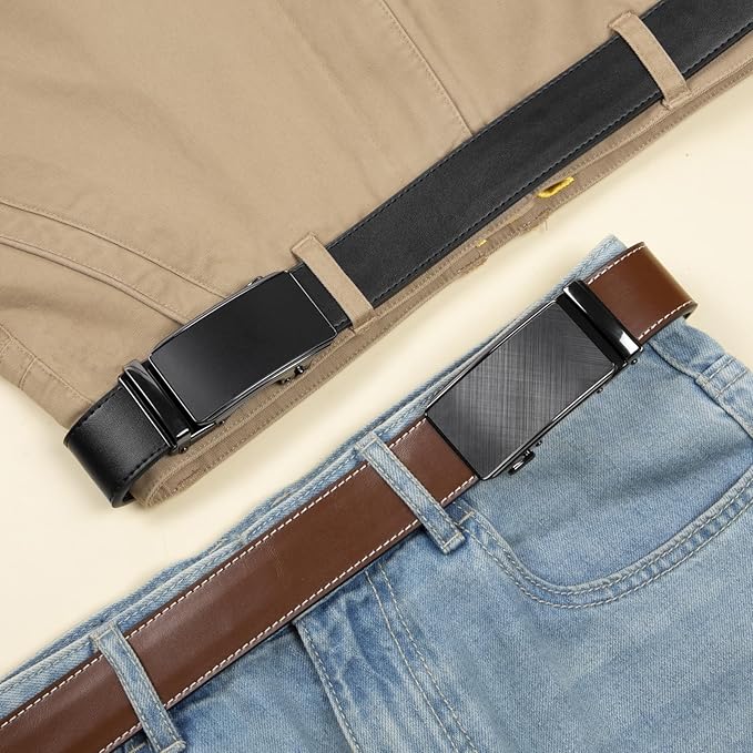 2 Pack Ratchet Belt 1 3/8", Mens leather Dress Belt in Gift Set Size 28"-62" Adjustable waist Trim to Fit