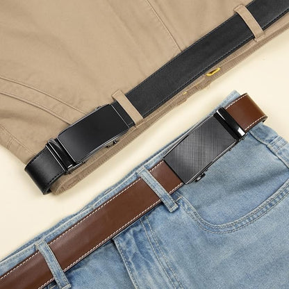 2 Pack Ratchet Belt 1 3/8", Mens leather Dress Belt in Gift Set Size 28"-62" Adjustable waist Trim to Fit