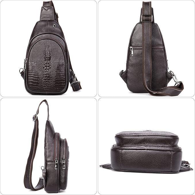 NIUCUNZH Crocodile Leather Sling Bag with Leather Strap, 3 Zipper Crossbody Shoulder Bags for Travel Hike Everyday Carry