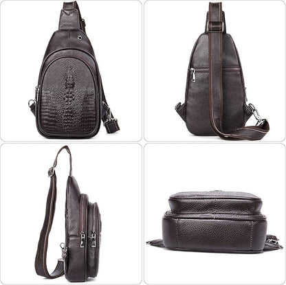 NIUCUNZH Crocodile Leather Sling Bag with Leather Strap, 3 Zipper Crossbody Shoulder Bags for Travel Hike Everyday Carry