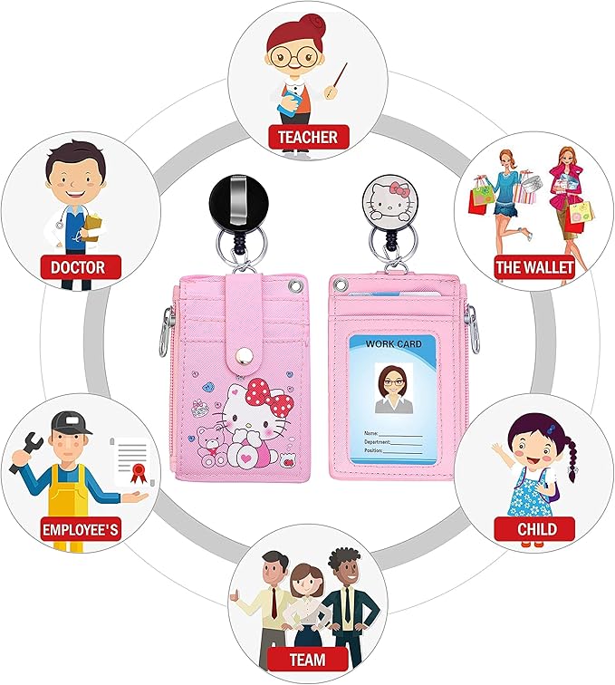 【2025 New】 Cute ID Badge Holder Retractable Lanyard Reel Clip with Heavy Duty Carabiner,5 Card Slots in2 Sided with Key Ring and Zipper for Students Teens Boys Girls Office Staff Women (01 Pink CatA)
