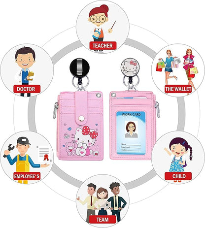 【2025 New】 Cute ID Badge Holder Retractable Lanyard Reel Clip with Heavy Duty Carabiner,5 Card Slots in2 Sided with Key Ring and Zipper for Students Teens Boys Girls Office Staff Women (01 Pink CatA)