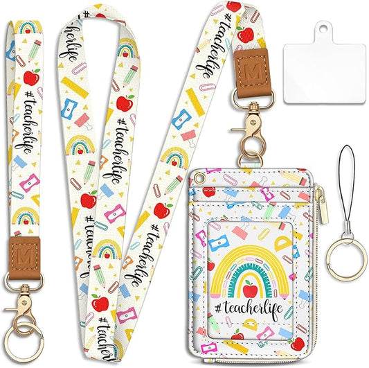 Piefly Cute Rainbow Teacher Lanyard Wallet with ID Badge Holder, Small RFID Wallet Women Keychain Wristlet, Slim Credit Card Holder with Zipper Pocket Phone Lanyard Wrist Strap Name Tag Office Gift