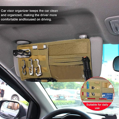 povtii Car Sun Visor Organizer, Tactical Nylon Vehicle Visor Panel Storage Holder Pouch Bag, Molle Multifunctional Sunshade Pocket for Pen Card Sunglasses, Car Accessories (Khaki)