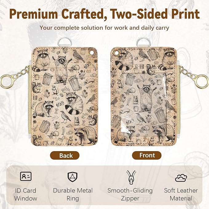 Leather Cute Badge Holder with Zipper Pocket, Raccoon Lanyards and 1 Zip Pocket and 4 Card Slots, Breakaway Lanyards with Metal Clasp for Offices, Staff, Adult, Employees