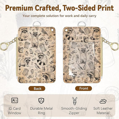 Leather Cute Badge Holder with Zipper Pocket, Raccoon Lanyards and 1 Zip Pocket and 4 Card Slots, Breakaway Lanyards with Metal Clasp for Offices, Staff, Adult, Employees