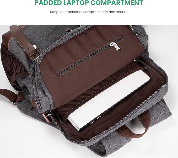 Modoker Eco-Friendly Vintage Backpack for Men Women, Canvas Bookpack Fits Most 15.6 Inches Computer and Tablets, Rucksack Backpack with USB Charging Port, Grey