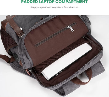 Modoker Eco-Friendly Vintage Backpack for Men Women, Canvas Bookpack Fits Most 15.6 Inches Computer and Tablets, Rucksack Backpack with USB Charging Port, Grey
