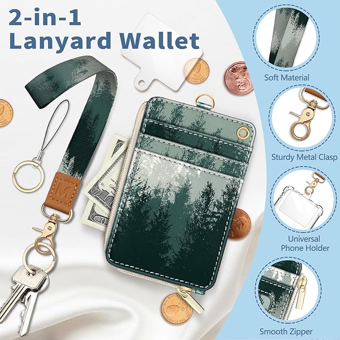 Misty Forest Lanyard Wallet with Id Badge Holder, Small Keychain RFID Wallet Women, Zipper Credit Card Holder Phone Wrist Wristlet Neck Strap for Key Name Tag, Teacher Student Office Gifts