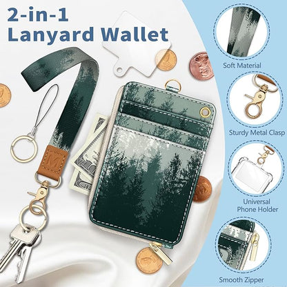 Misty Forest Lanyard Wallet with Id Badge Holder, Small Keychain RFID Wallet Women, Zipper Credit Card Holder Phone Wrist Wristlet Neck Strap for Key Name Tag, Teacher Student Office Gifts