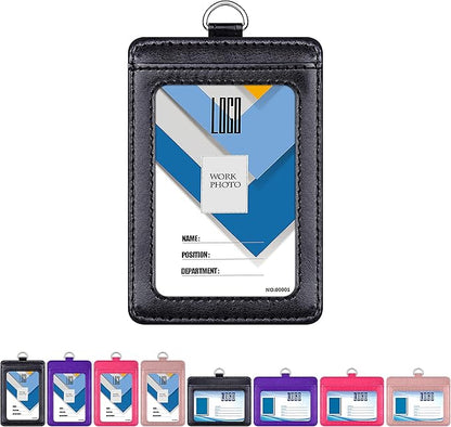 Badge Holder, Wisdompro School Supply 2-Sided PU Leather College ID Badge Card Holder Wallet Case with 1 Clear ID Window and 1 Credit Card Slot and 22 Inch Detachable Neck Lanyard - Black (Vertical)