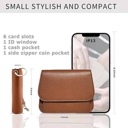 Women Small Wallet RFID Blocking Slim Wallet with Coin Pocket Tri-Fold Credit Card Holder with ID Window and Keychain (Dark Brown)
