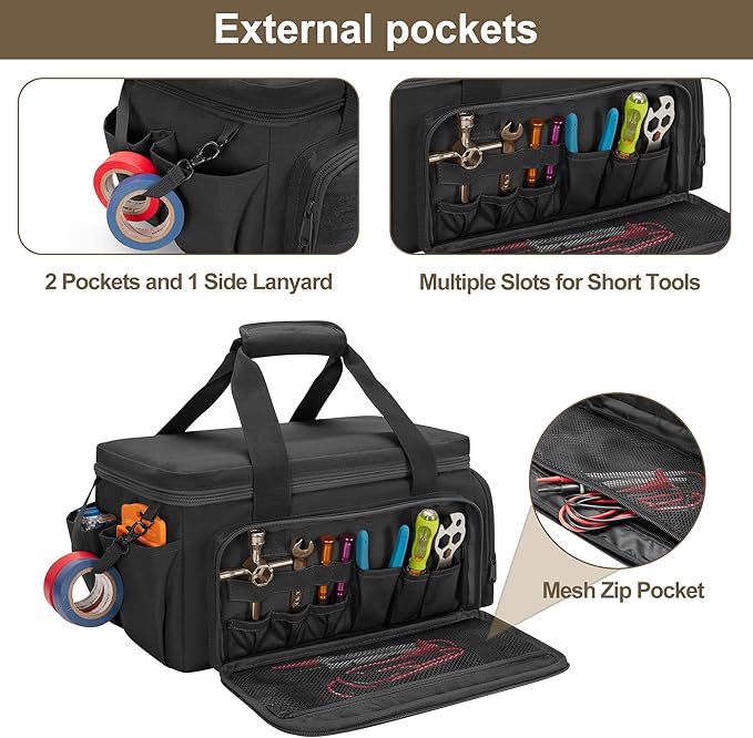 Rexmica 14-Inch Tool Bag with Anti-friction Bottom, Hand Tool Storage Organizer for Men, Tactical Range Bag, Multi-purpose Work Tote for Repairman, Carpenters, Handyman, Black