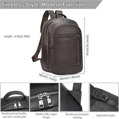 Large Capacity Genuine Leather Backpack for Men, 15.6 Inch Laptop Daypack Business Travel Shoulder Bag, Brown