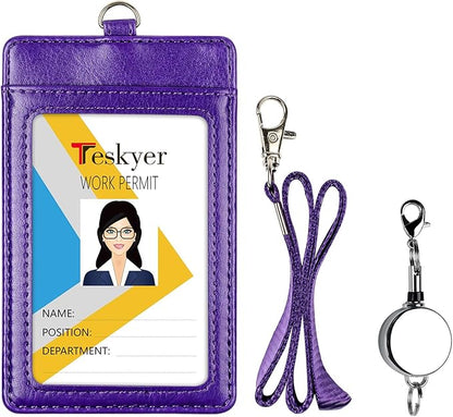 Teskyer Leather Badge Holder with Lanyard and Badge Reel, Retractable Lanyard ID Card Holder for Office School Name Work IDs, Purple