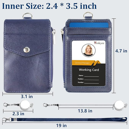 Teskyer Leather Badge Holder with Lanyard and Retractable Badge Reel, 4 Card Slots ID Card Holder with 1 Zipper Pocket for Office School Name Work IDs, Blue