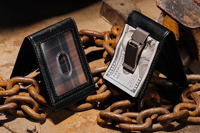 House of Jack Co. Maverick Bifold Money Clip Wallet for Men – Slim Front Pocket Leather Wallet with Metal Cash Clip, Exterior ID Window & Card Holder, Full-Grain Cowhide, Black