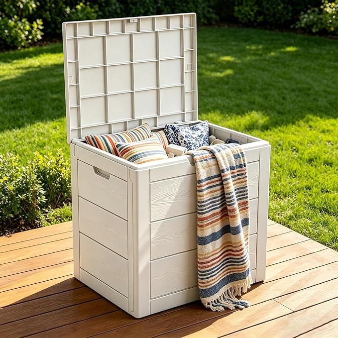 35 Gallon Deck Box, Lockable Waterproof Resin Storage Box for Patio, Indoor & Outdoor Use, for Cushions, Accessories, Package Delivery & Garden Tools (White)