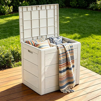 35 Gallon Deck Box, Lockable Waterproof Resin Storage Box for Patio, Indoor & Outdoor Use, for Cushions, Accessories, Package Delivery & Garden Tools (White)
