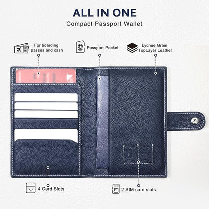 Genuine Leather Passport Holder for Travel, RFID Blocking Passport Wallet with Tracker Holder, Slim Passport Cover Travel Wallet for Women Men, Airport Essentials (Blue)