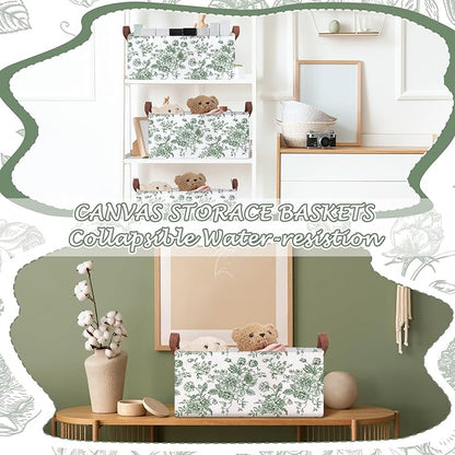 Boao 3 Pcs Sage Green Floral Storage Bin Collapsible Large Storage Baskets for Gifts Canvas Laundry Basket Foldable Box with Handle for Office Home Bedroom Clothes