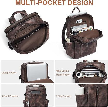 Leather Laptop Backpack for Women, 15.6 Inch Laptop Travel Backpack Purse Large Capacity Computer Bag, Casual Daypack Nurse Bag College Bookbag for School, Coffee
