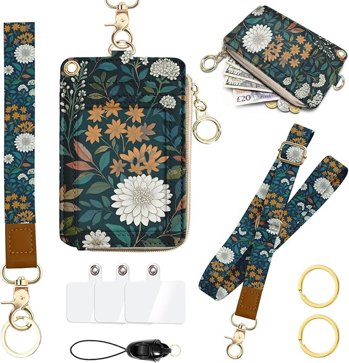 Weeds Lanyards for ID Badges, PU Leather Lanyard Wallet, RFID Blocking, ID Badge Holder with Zipper Pocket Detachable Phone Lanyard Keychain Wristlet for Teacher Nurse Office