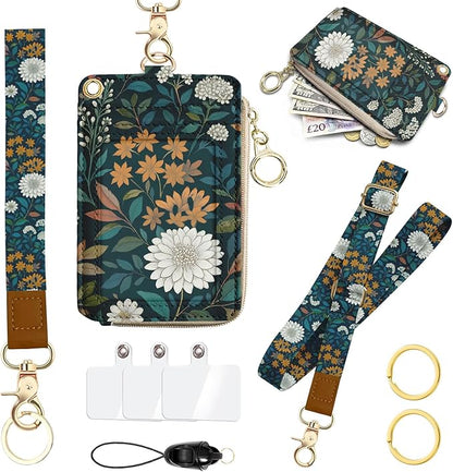 Weeds Lanyards for ID Badges, PU Leather Lanyard Wallet, RFID Blocking, ID Badge Holder with Zipper Pocket Detachable Phone Lanyard Keychain Wristlet for Teacher Nurse Office