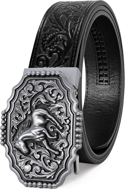 SANSTHS Western Cowboy Ratchet Belts for Men Women Leather Cowboy Belt with Automatic Western Buckle for Jeans Gifts