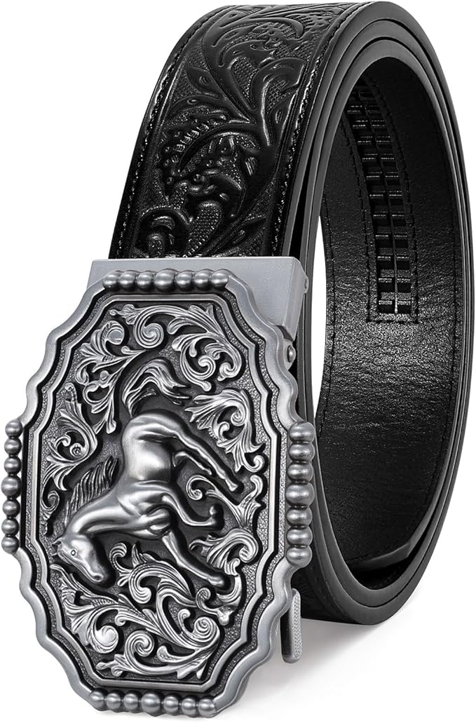 SANSTHS Western Cowboy Ratchet Belts for Men Women Leather Cowboy Belt with Automatic Western Buckle for Jeans Gifts