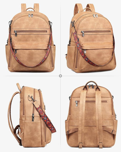 FADEON 15.6 inch Laptop Backpack Purse for Women Designer PU Leather Computer Backpacks Fashion for Work Travel Camel Brown