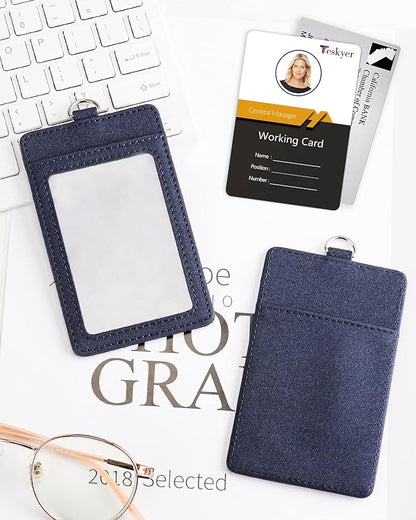 Teskyer Badge Holder with Lanyard, Leather ID Name Badge Card Holder with Lanyard for ID Badges, Vertical, Starry Blue