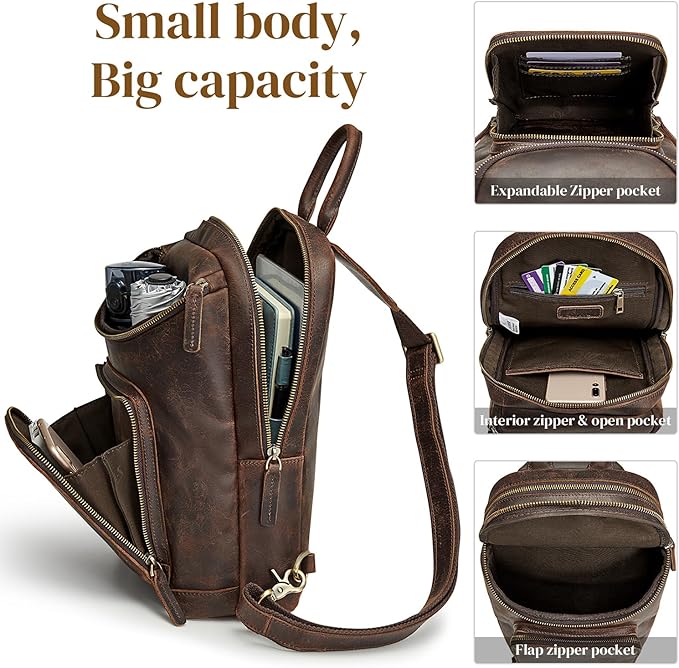 S-ZONE Sling Bag for Women Men Genuine Leather Vintage Crossbody Chest Bags Backpack Daypack Outdoor Travel