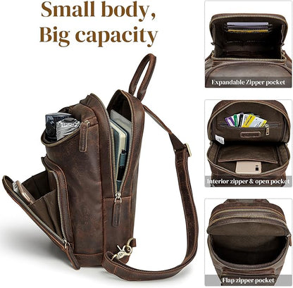 S-ZONE Sling Bag for Women Men Genuine Leather Vintage Crossbody Chest Bags Backpack Daypack Outdoor Travel