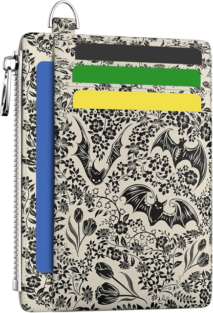 Hancynir Goth Bat Floral Slim Wallet Women Credit Card Holder Gothic Flower RFID Blocking Small Cute Card Wallets Mini Front Pocket PU Leather Thin Travel Zipper Coin Cash Ladies Female Wallet Gifts