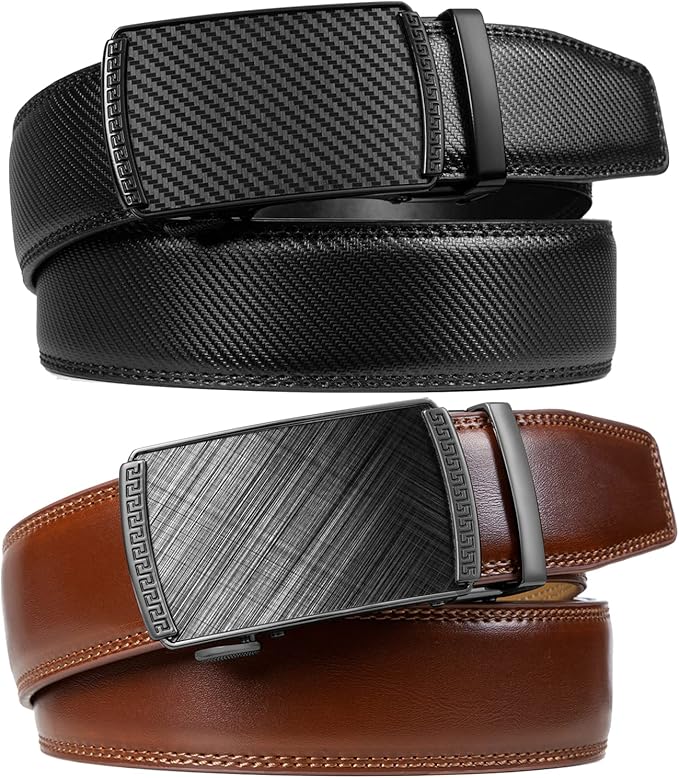 Founders & C Mens Belt 2 Pack,Leather Ratchet Click Belt Dress with Slide Buckle 1 3/8" in Gift Set Box- Size Adjustable