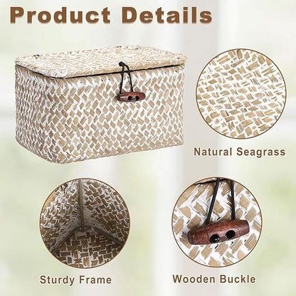 Hipiwe Wicker Shelf Basket Mini Seagrass Basket with Lid Key Holder Box for Entry Tabletop Desk Organizer Home Decor, Whitewash 6.1" x 4" x 3.3"