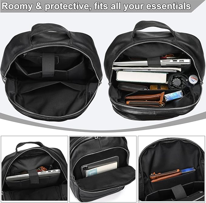 Large Capacity Black Leather Backpack for Men, 15.6 Inch Genuine Leather Laptop Backpack Business Travel Shoulder Daypacks