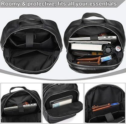 Large Capacity Black Leather Backpack for Men, 15.6 Inch Genuine Leather Laptop Backpack Business Travel Shoulder Daypacks