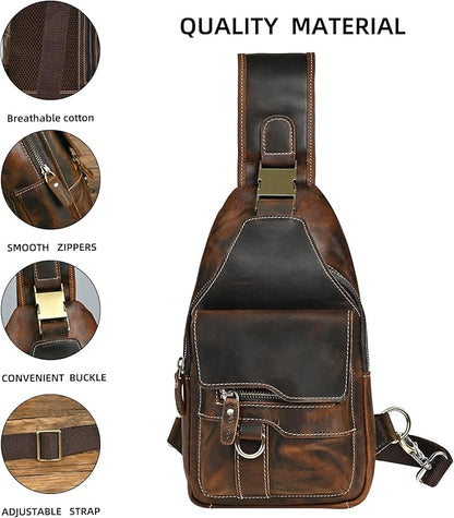 Water Resistant Canvas + Leather Hiking Travel DayPack Sling Crossbody Triangle Chest Pack Bag For Men Women FB8013 (100% Genuine Leather-8015 Brown)