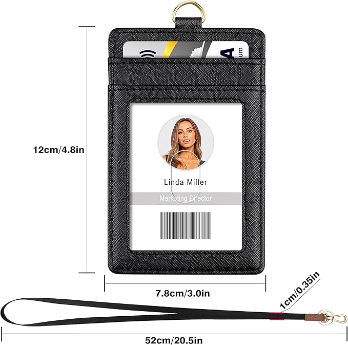 Azrra Lanyards for id ID Badges, Lanyard with 1 ID Holder and 4 Credit Card Slots, Vertical PU Leather Badge Holder with a Detachable Neck Strap, Black